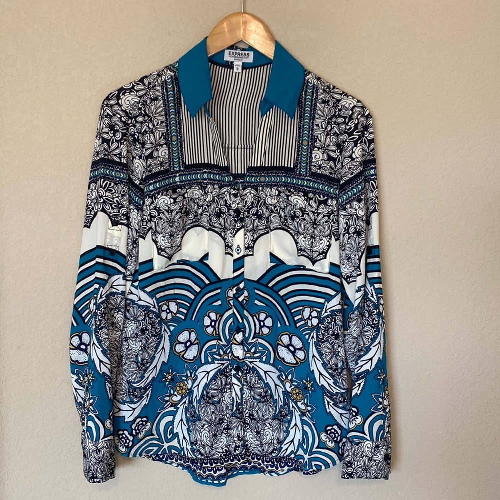 Express The Portfolio Long Sleeve V-Neck Floral Stripes Button Down Shirt M - Picture 2 of 7